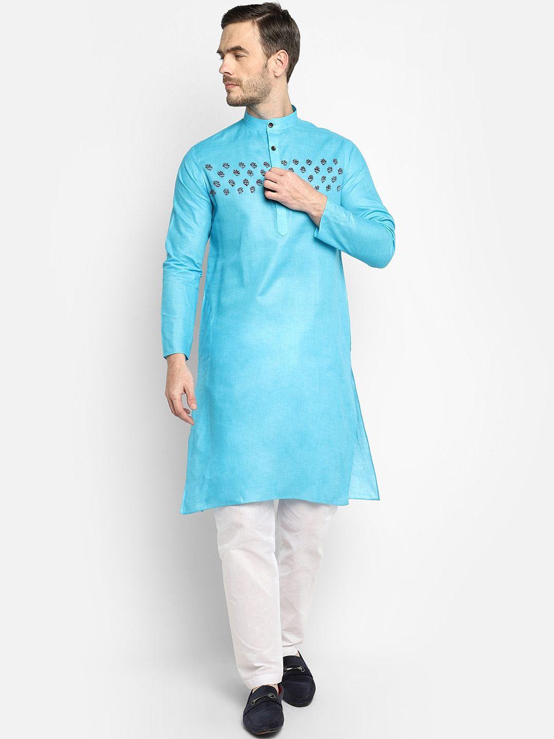 devoiler men blue & white yoke design kurta with pyjamas