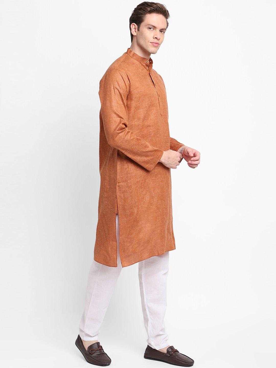 devoiler men brown & white solid cotton blend kurta with pyjamas
