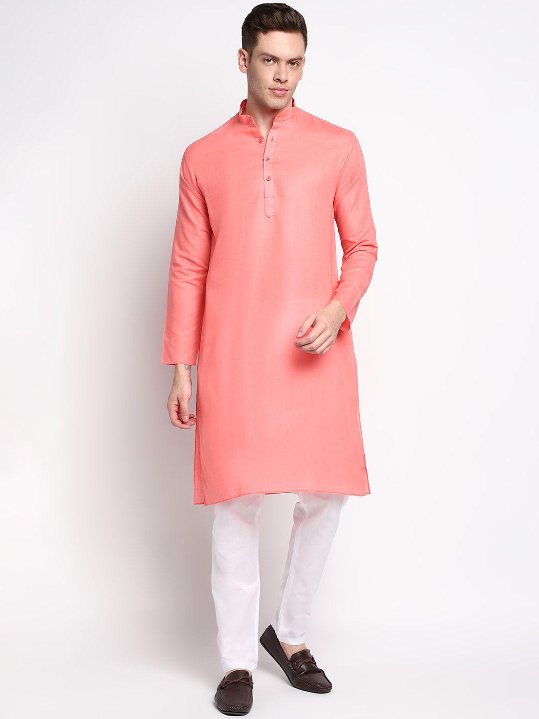 devoiler men coral pink solid cotton kurta