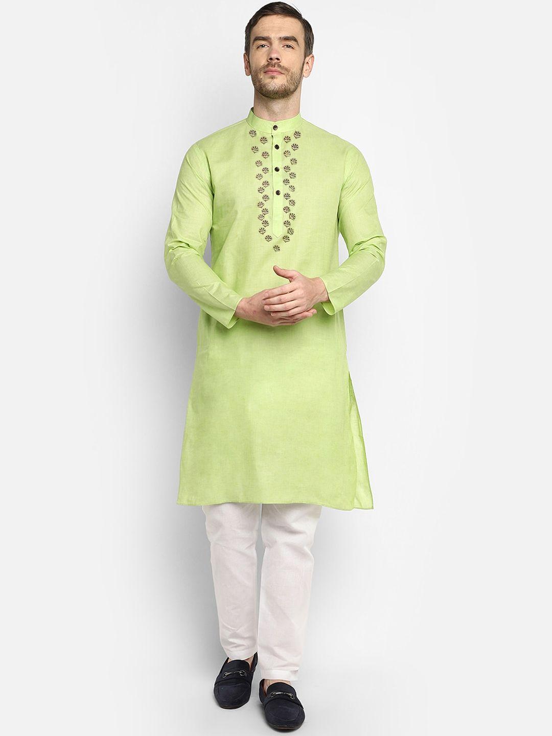 devoiler men lime green & white ethnic motifs yoke design kurta with pyjamas