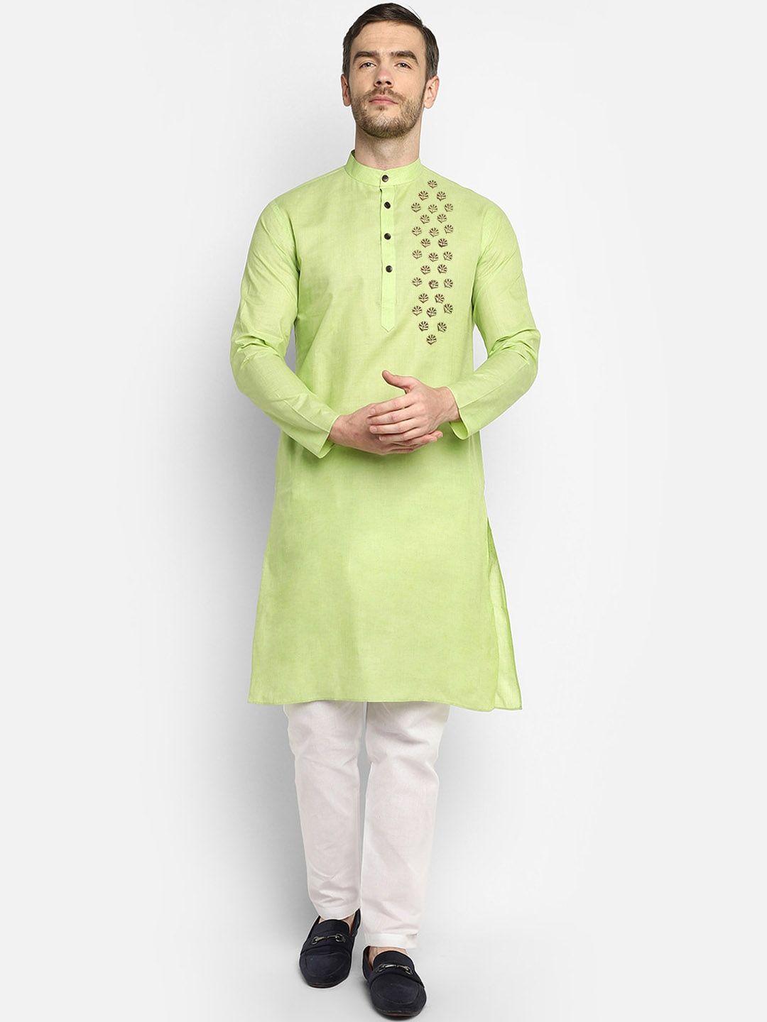 devoiler men lime green & white ethnic motifs yoke design kurta with pyjamas
