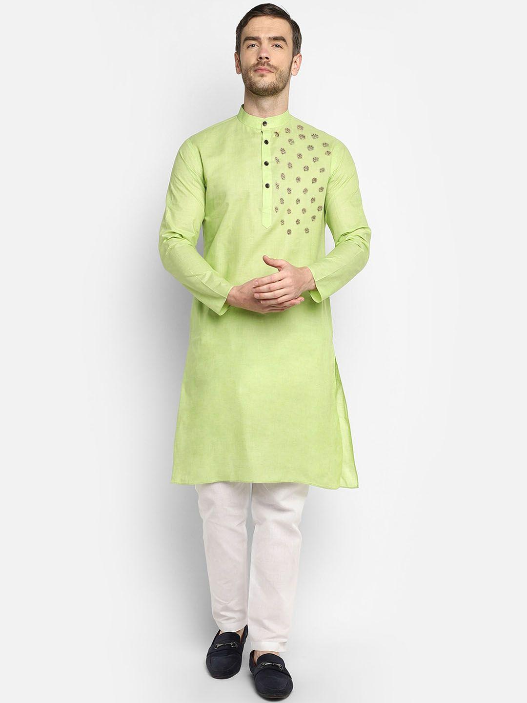 devoiler men lime green & white yoke design kurta with pyjamas
