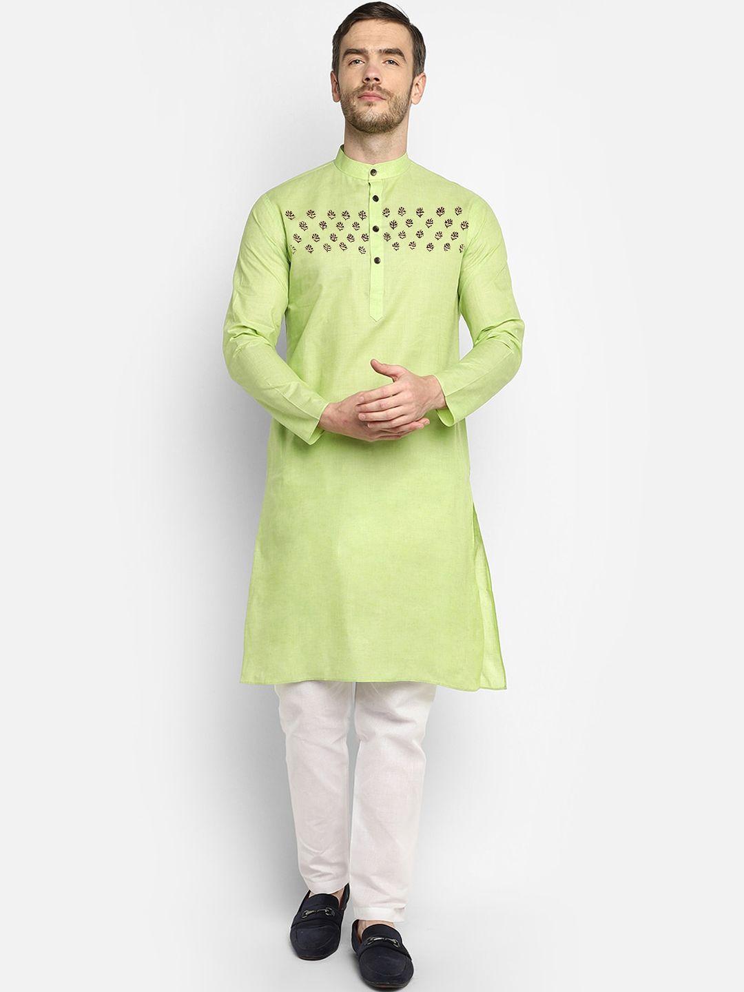devoiler men lime green ethnic motifs embroidered kurta with pyjamas
