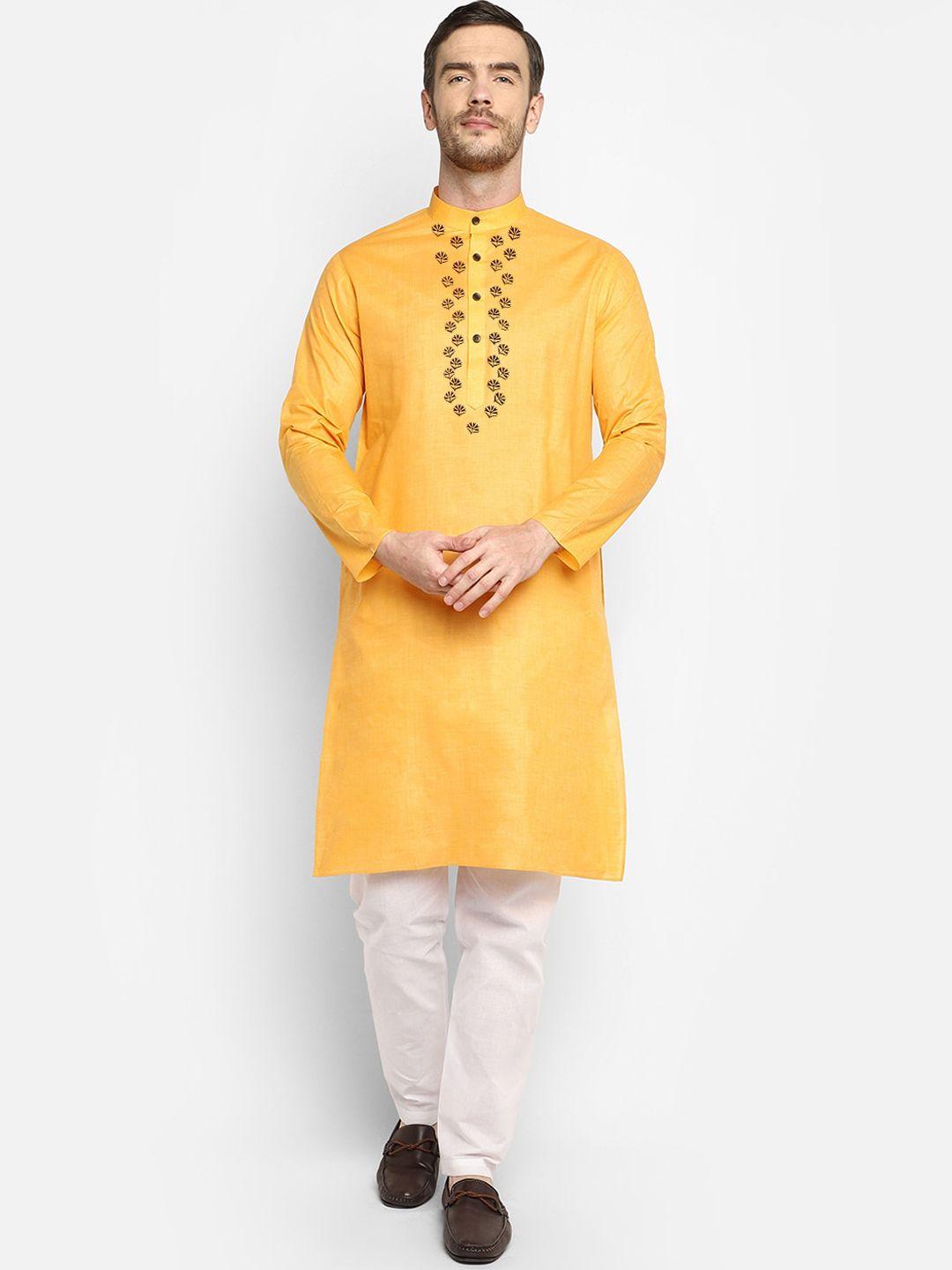 devoiler men mustard & white yellow ethnic motifs yoke design kurta with pyjamas
