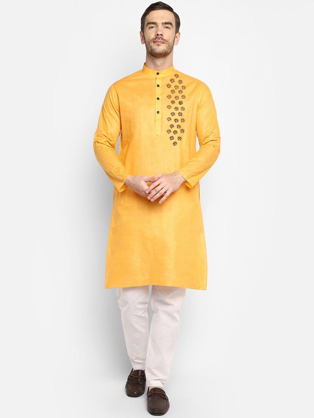 devoiler men mustard yellow & white ethnic motifs kurta with pyjamas