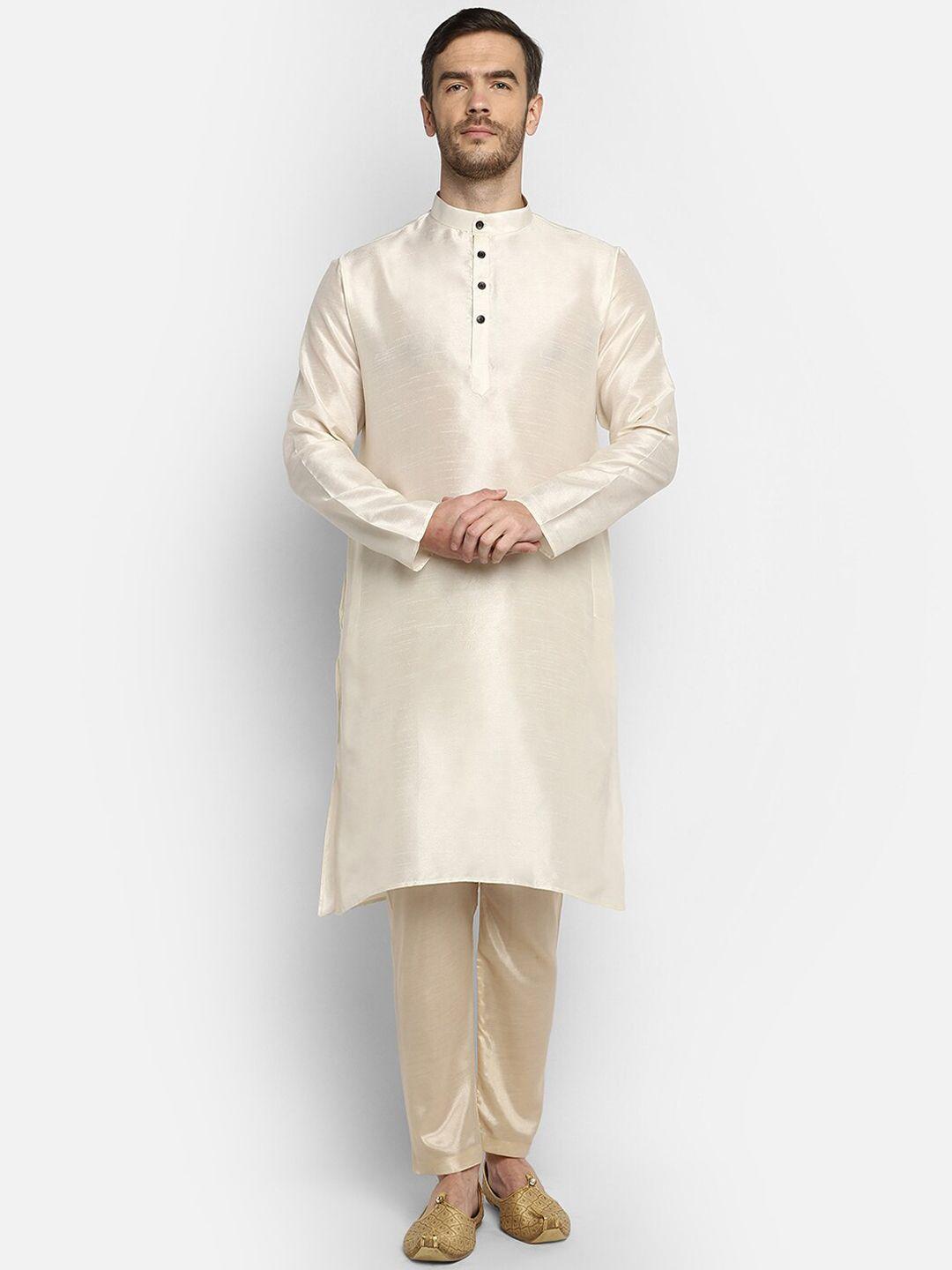 devoiler men off white solid straight fit silk kurta