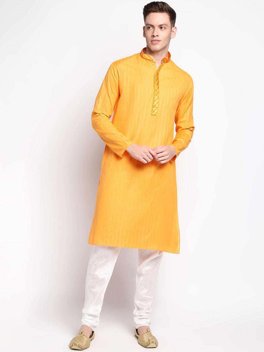 devoiler men orange self design cotton kurta
