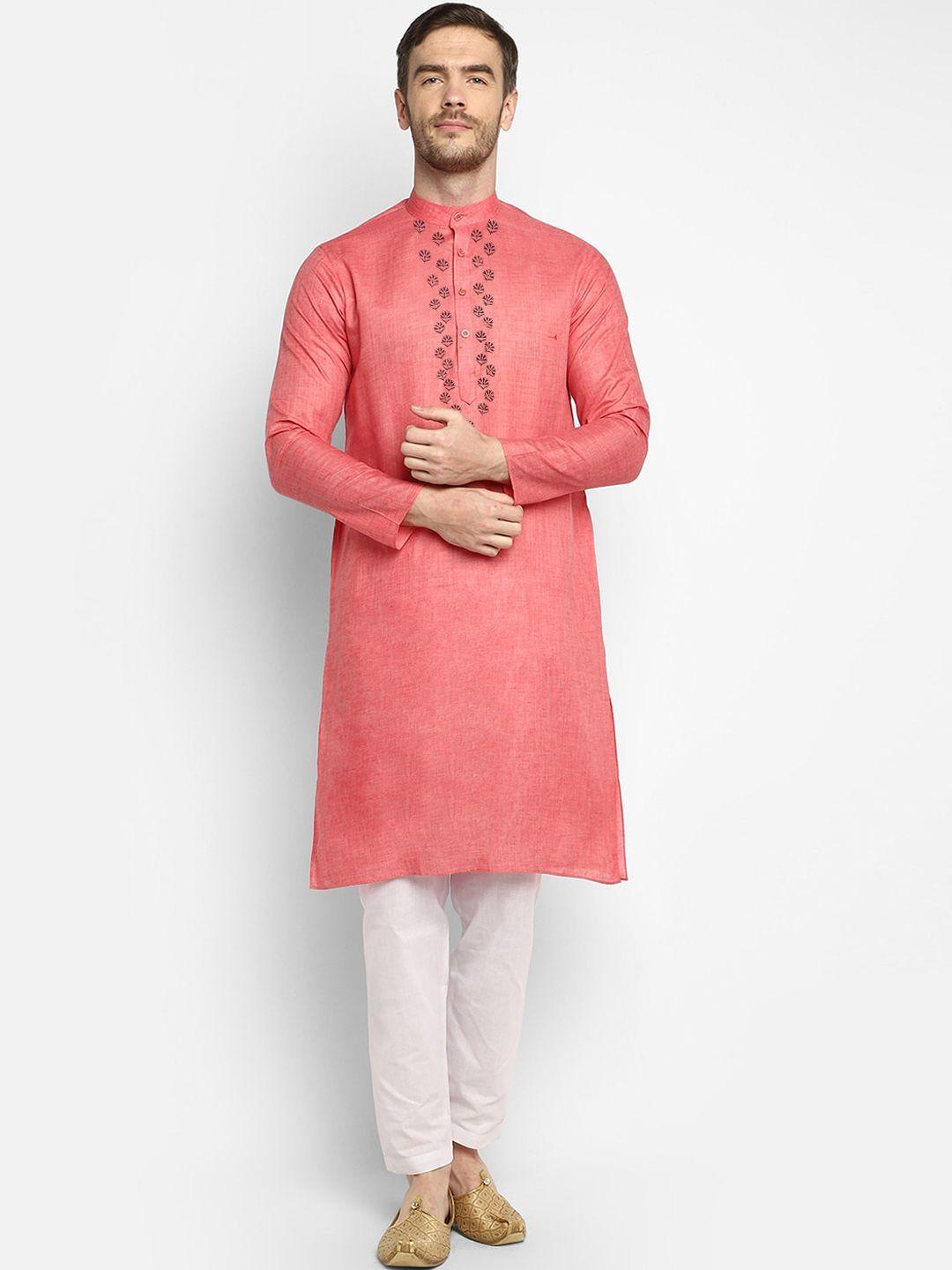 devoiler men peach-coloured & white ethnic motifs yoke design kurta with pyjamas