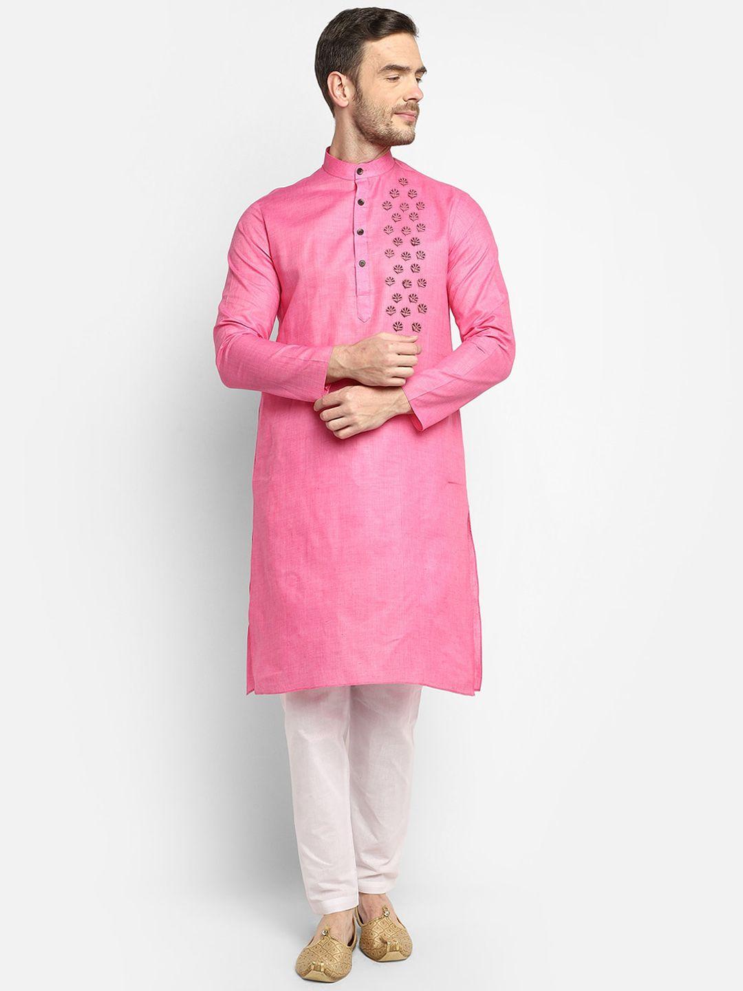 devoiler men pink & white ethnic motifs yoke design kurta with pyjamas
