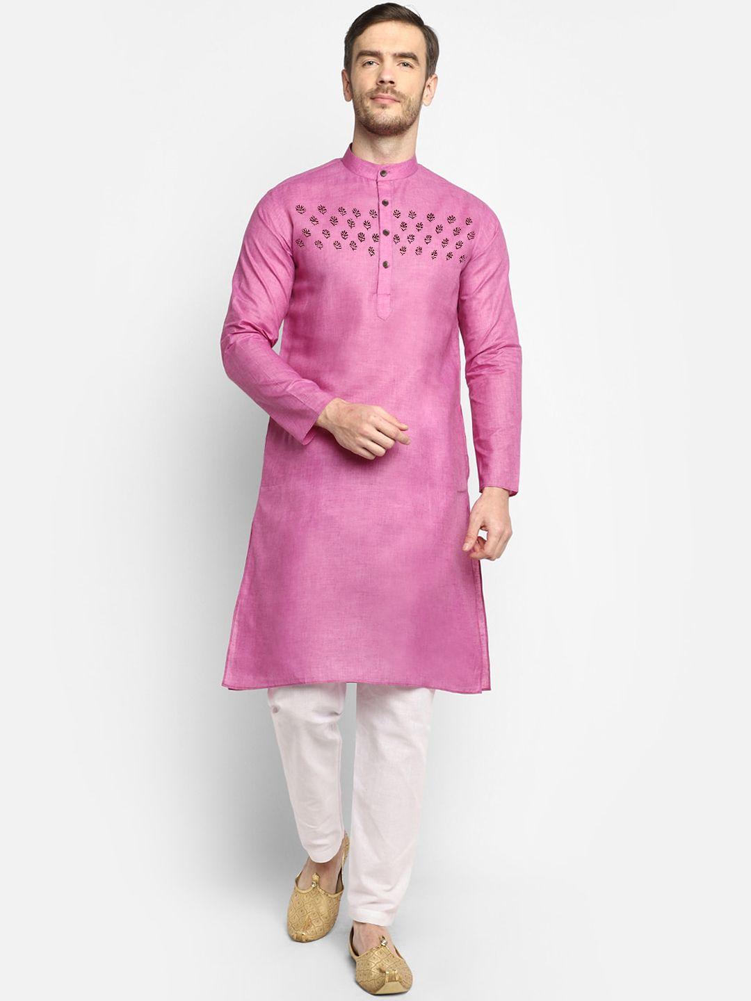 devoiler men purple & white ethnic motifs yoke design kurta with pyjamas