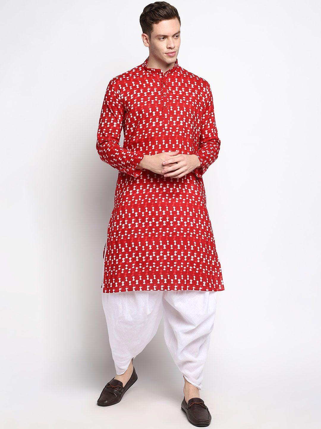 devoiler men red block printed geometric cotton kurta