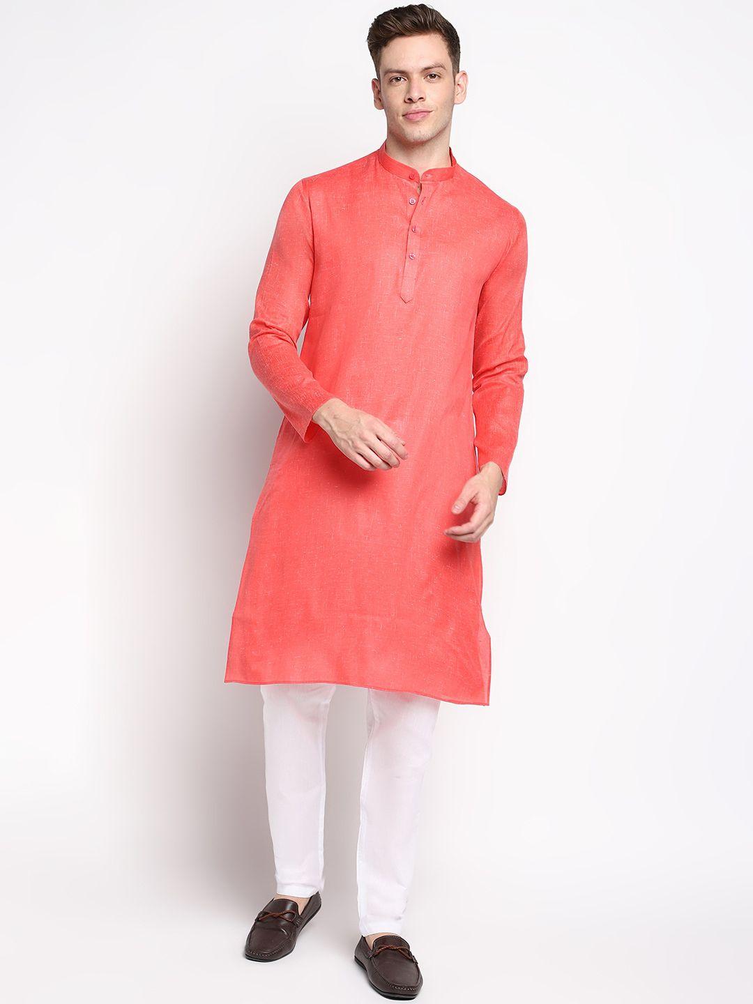 devoiler men red solid cotton kurta