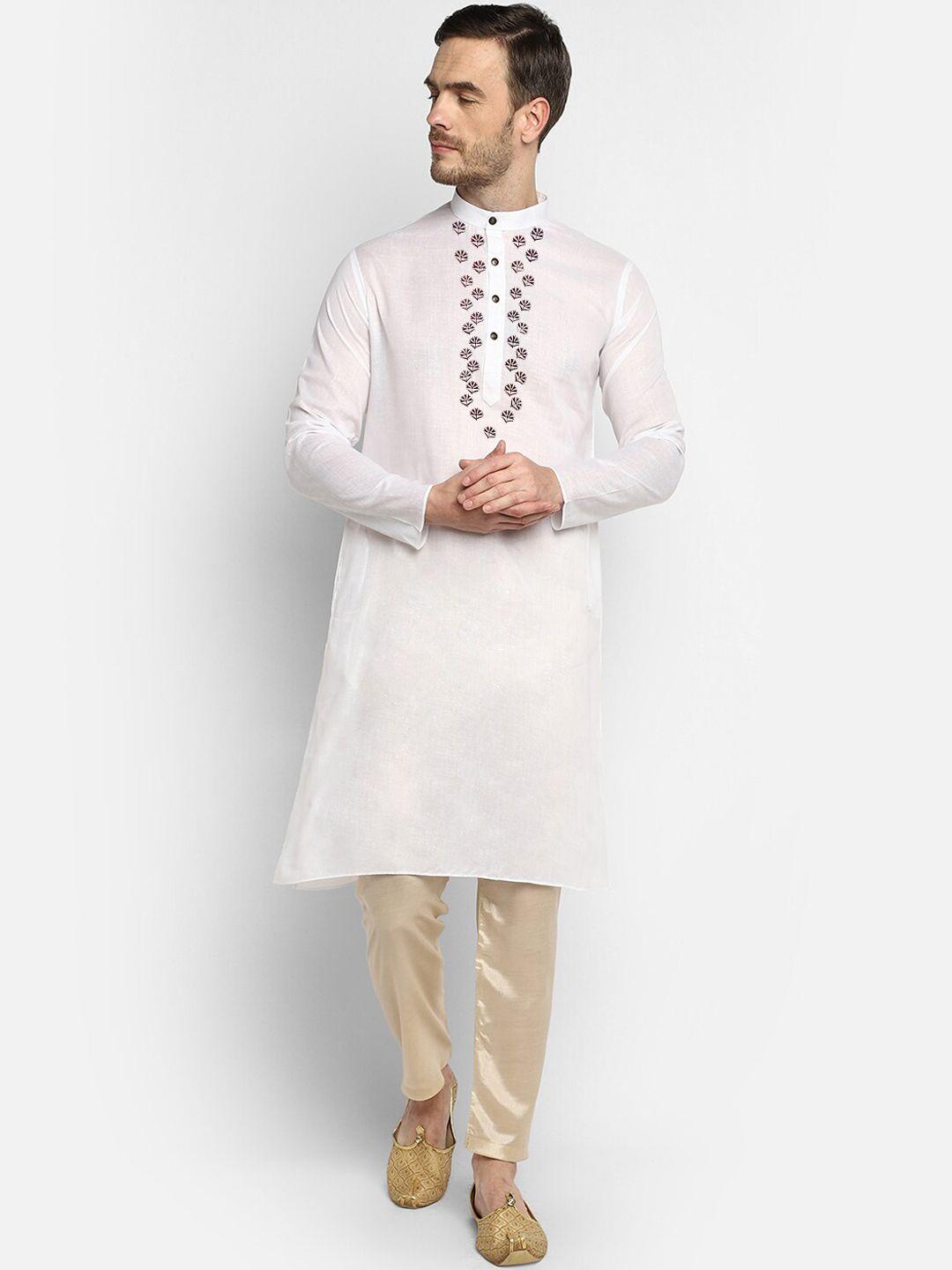 devoiler men white & cream-coloured ethnic motifs yoke design kurta with pyjamas