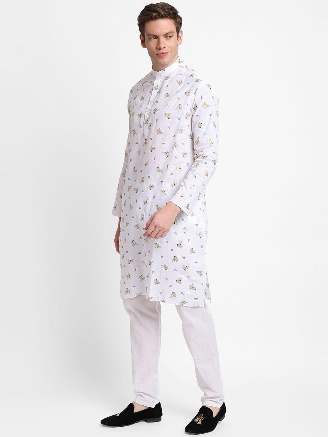 devoiler men white cotton floral printed kurta