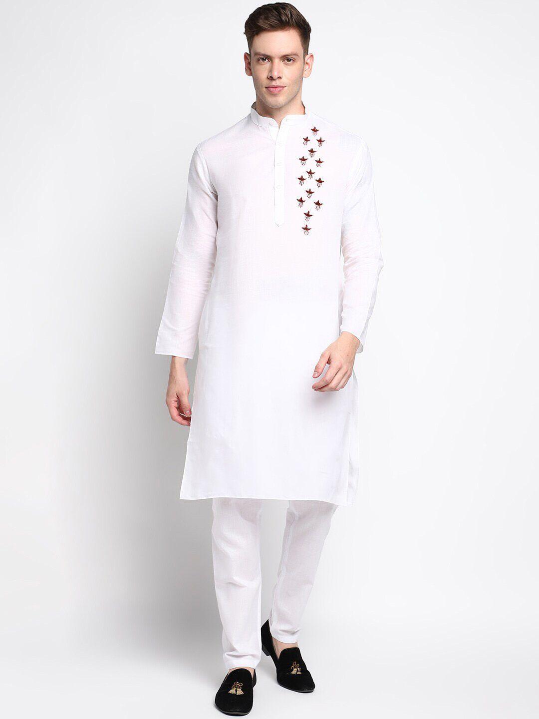 devoiler men white embroidered straight kurta with pyjamas