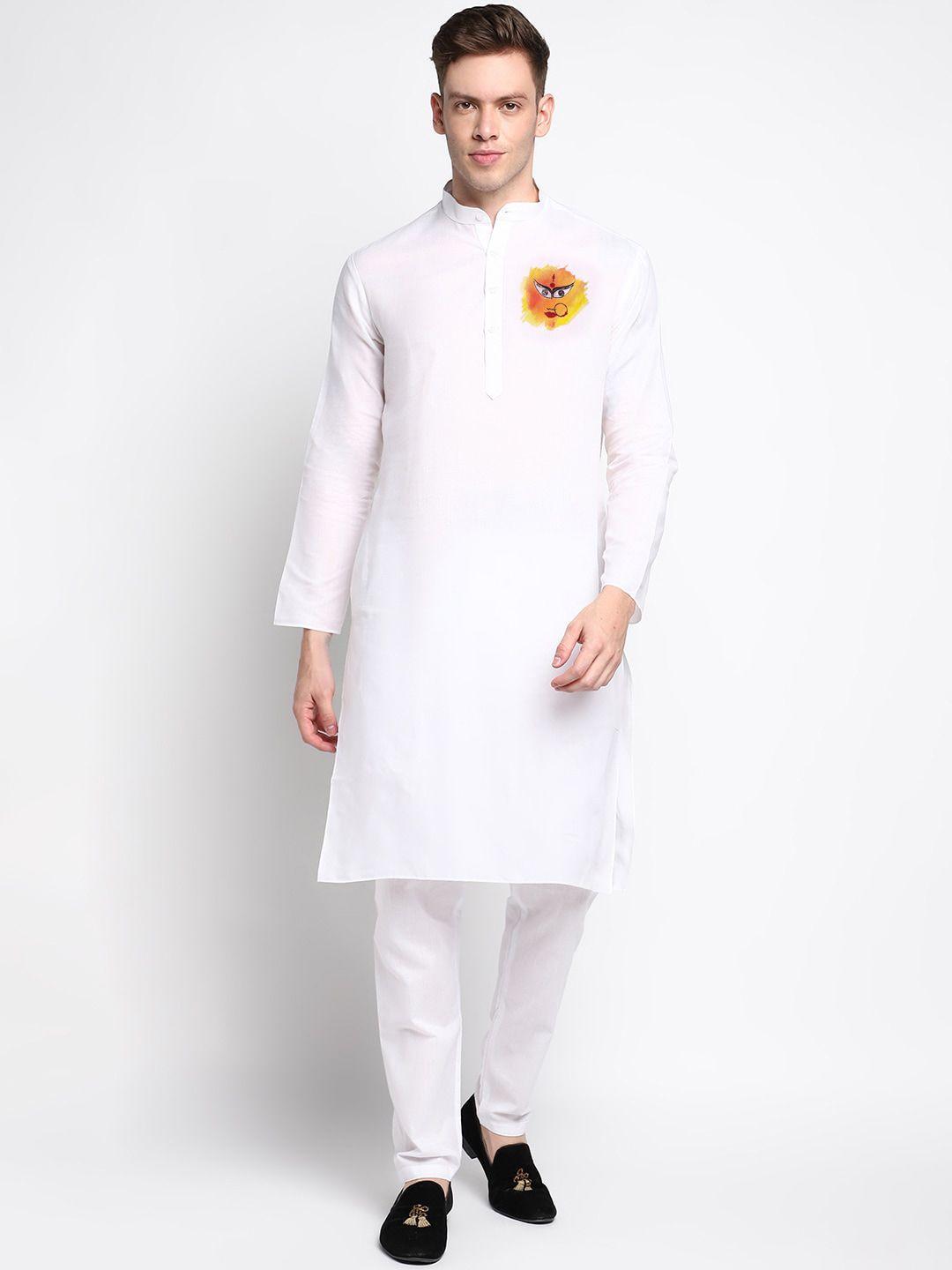 devoiler men white ethnic motifs printed kurta with pyjama set