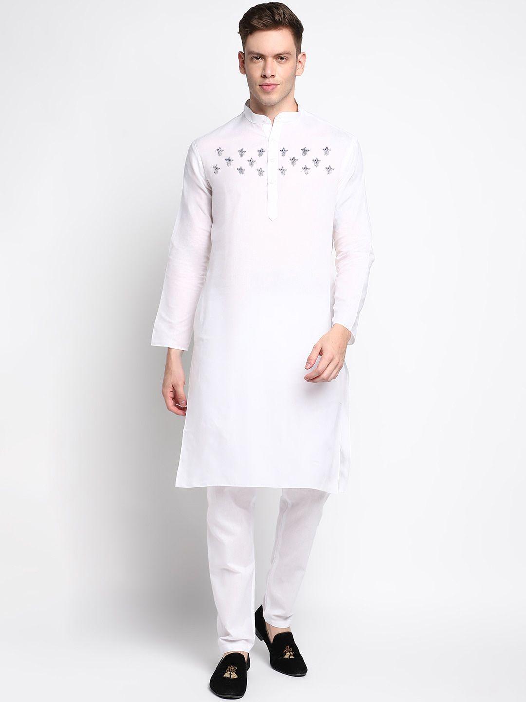 devoiler men white printed kurta with pyjama set