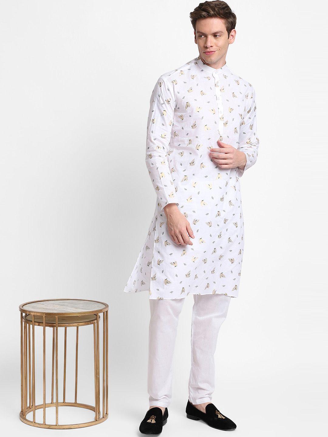devoiler men white printed pure cotton kurta with pyjamas