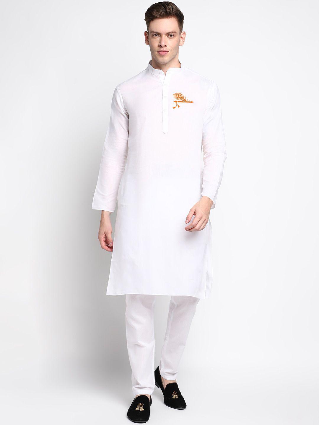 devoiler men white solid cotton blend kurta with pyjamas