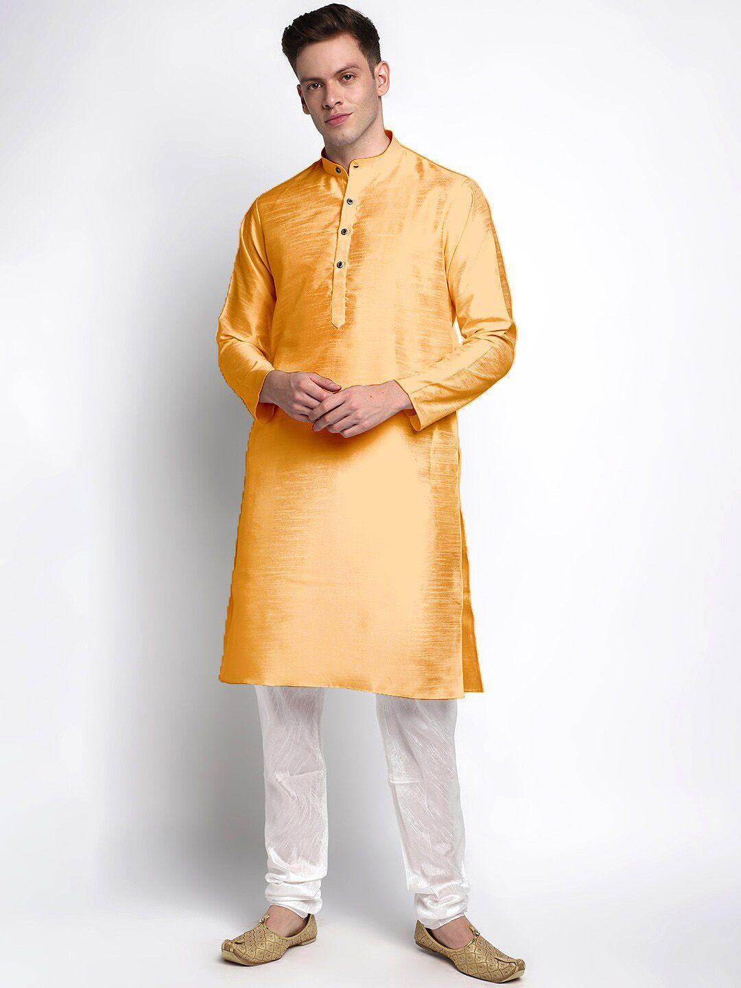 devoiler men yellow & white solid straight kurta with churidar