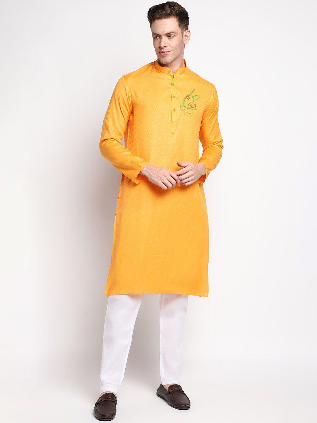 devoiler men yellow solid cotton blend kurta with pyjamas