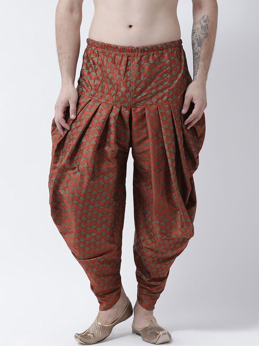 devyaan men rust-coloured & green printed dhoti