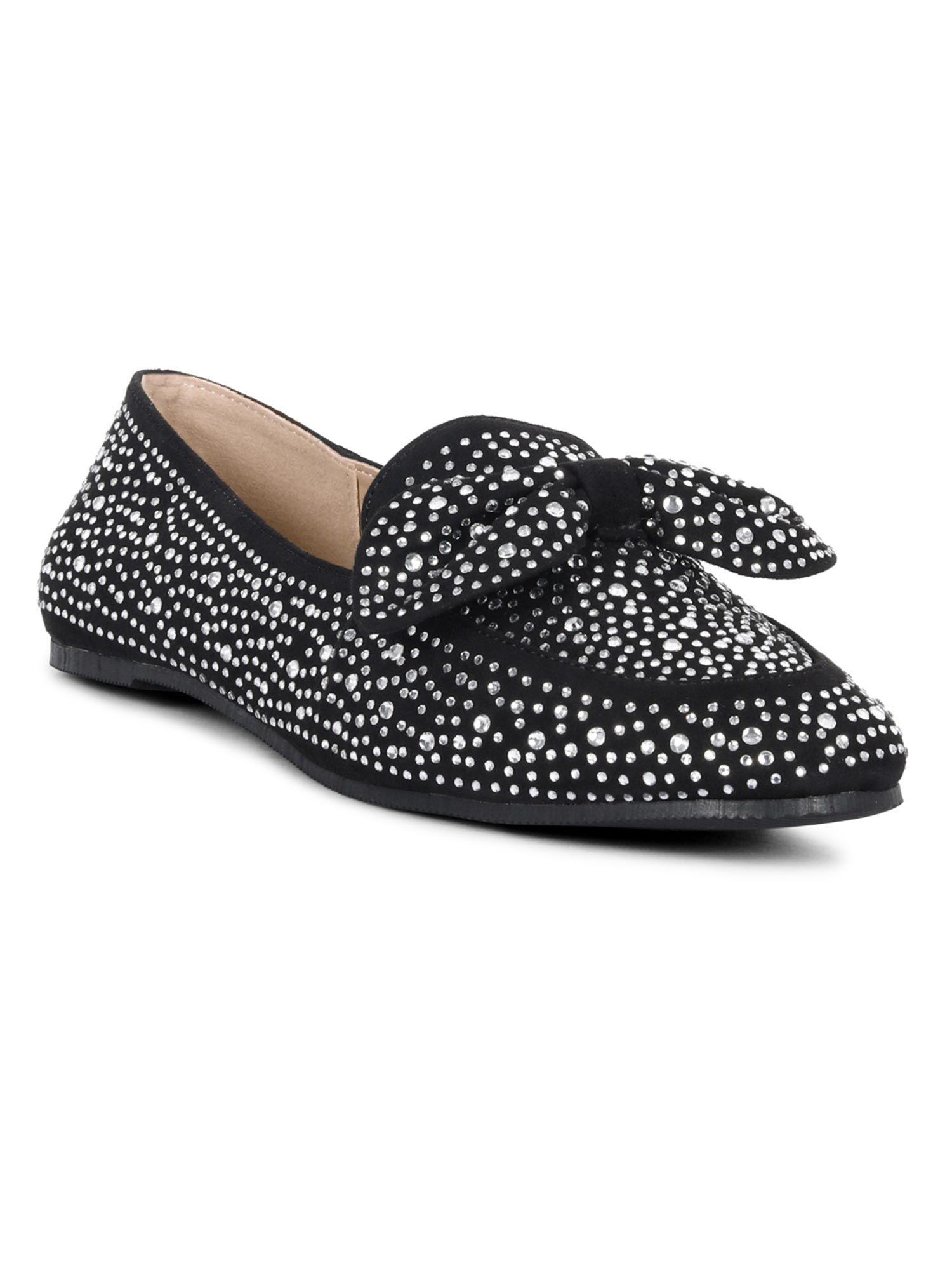 dewdrops embellished casual bow loafer in black