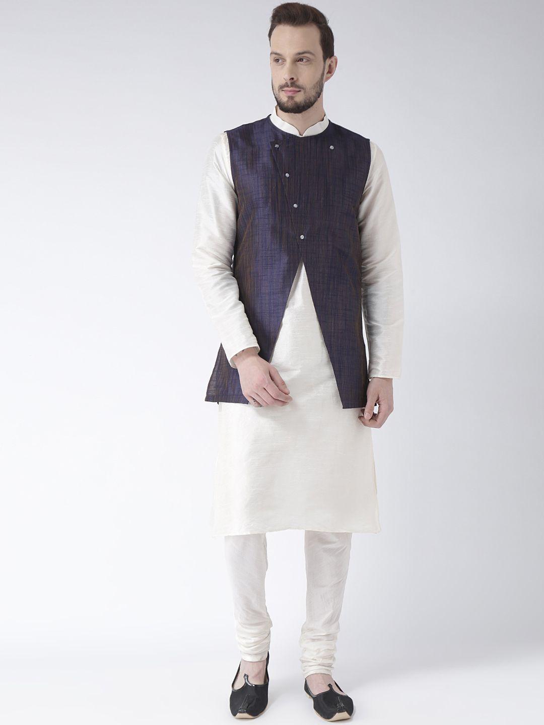 deyaan navy blue & off-white woven design sherwani with achkan