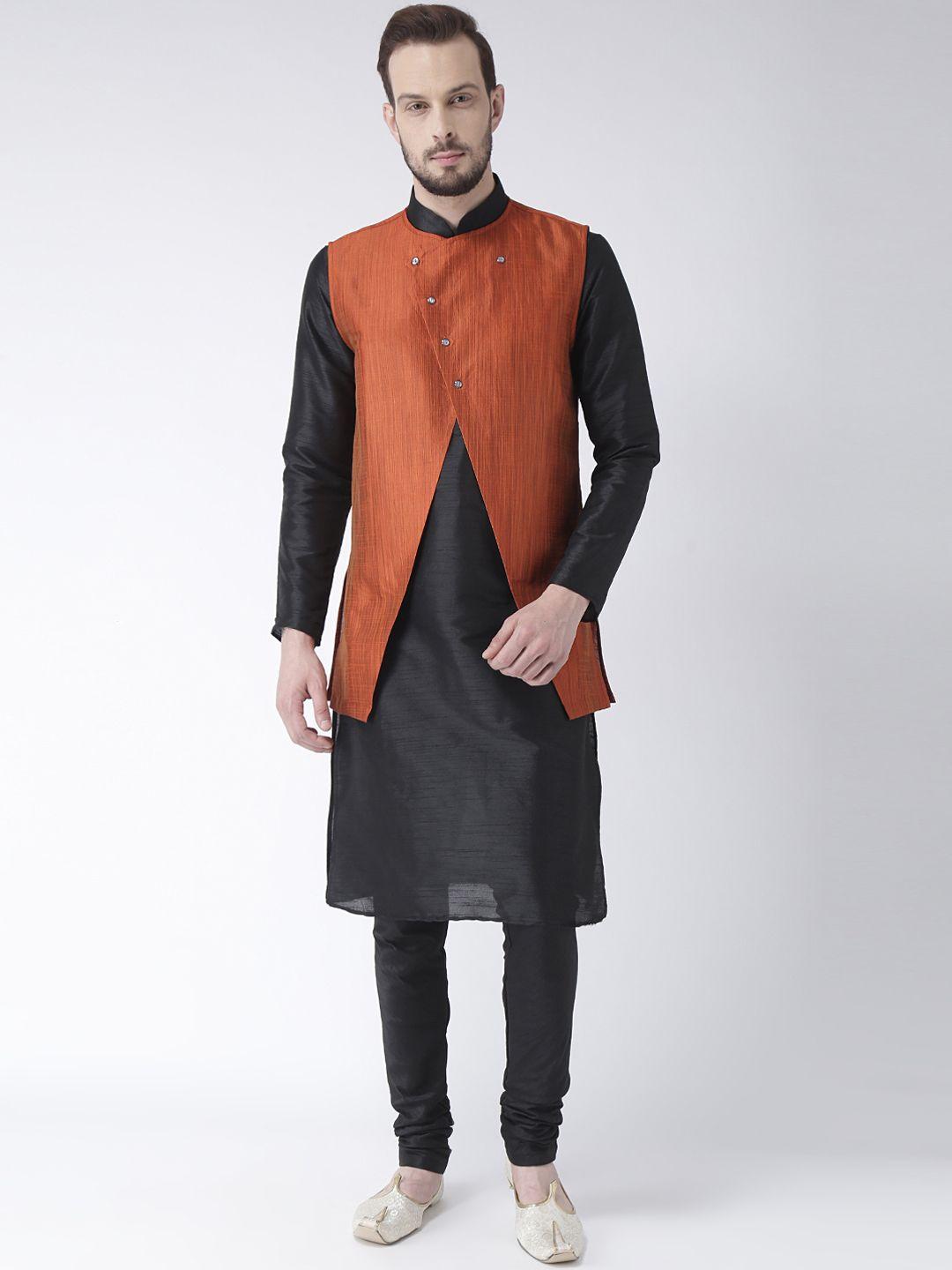 deyaan rust red & black woven design sherwani with achkan