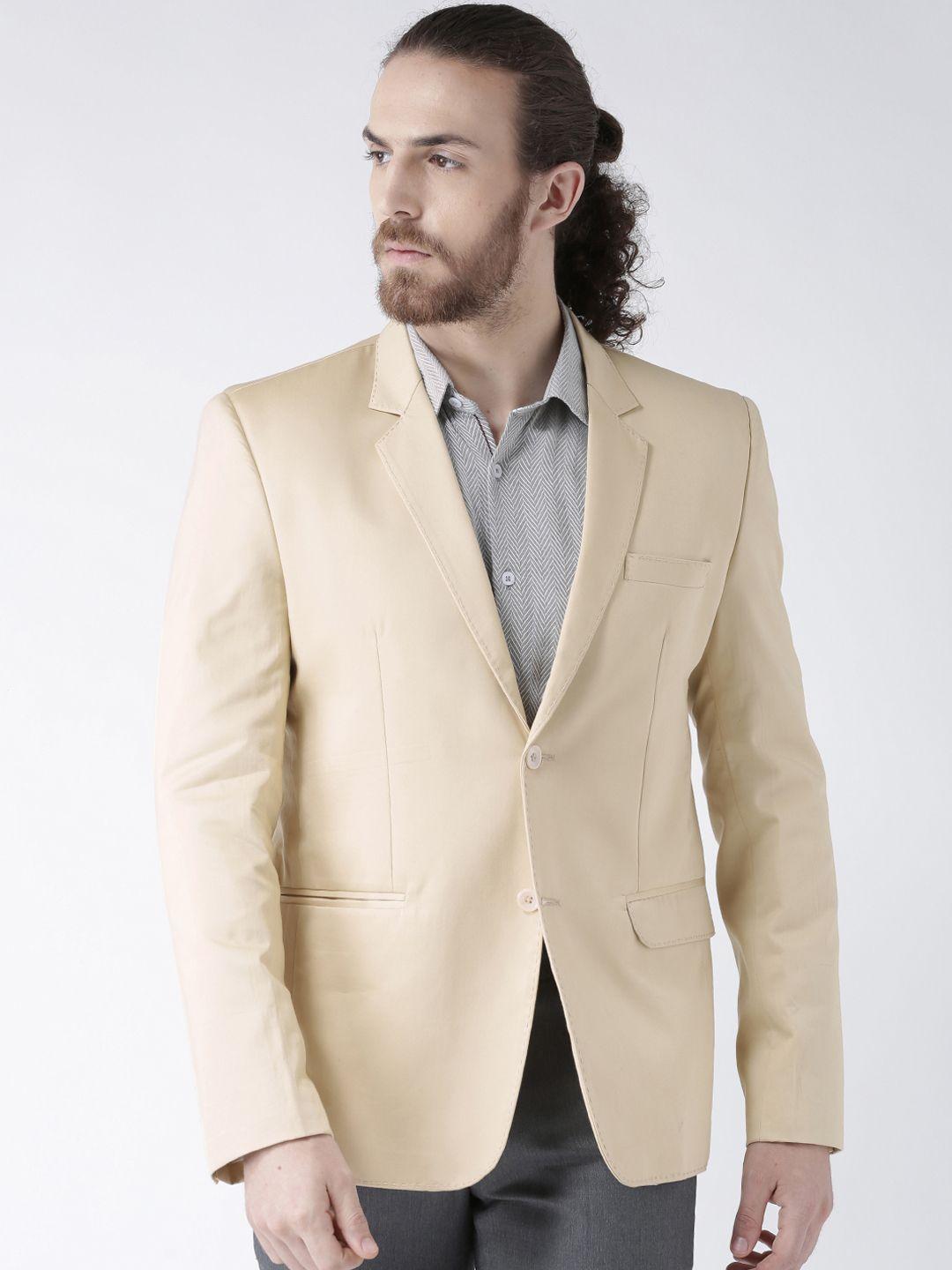 deyaan men cream solid slim fit blazer