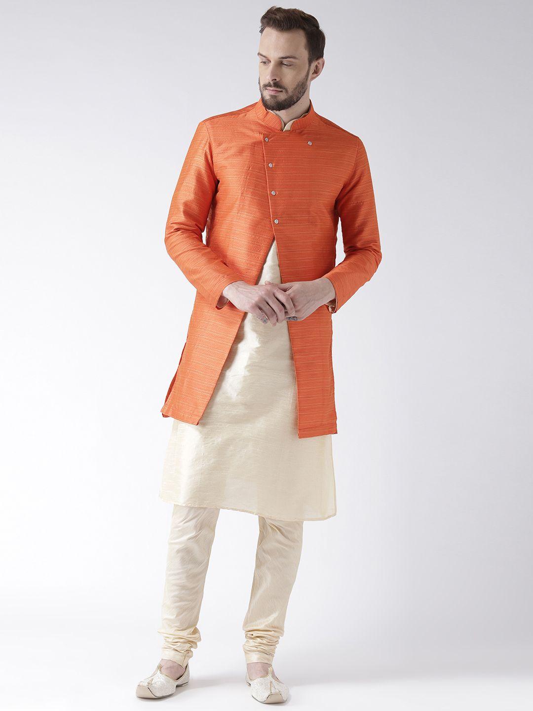 deyaan men orange & cream-coloured self-design silk sherwani with achkan