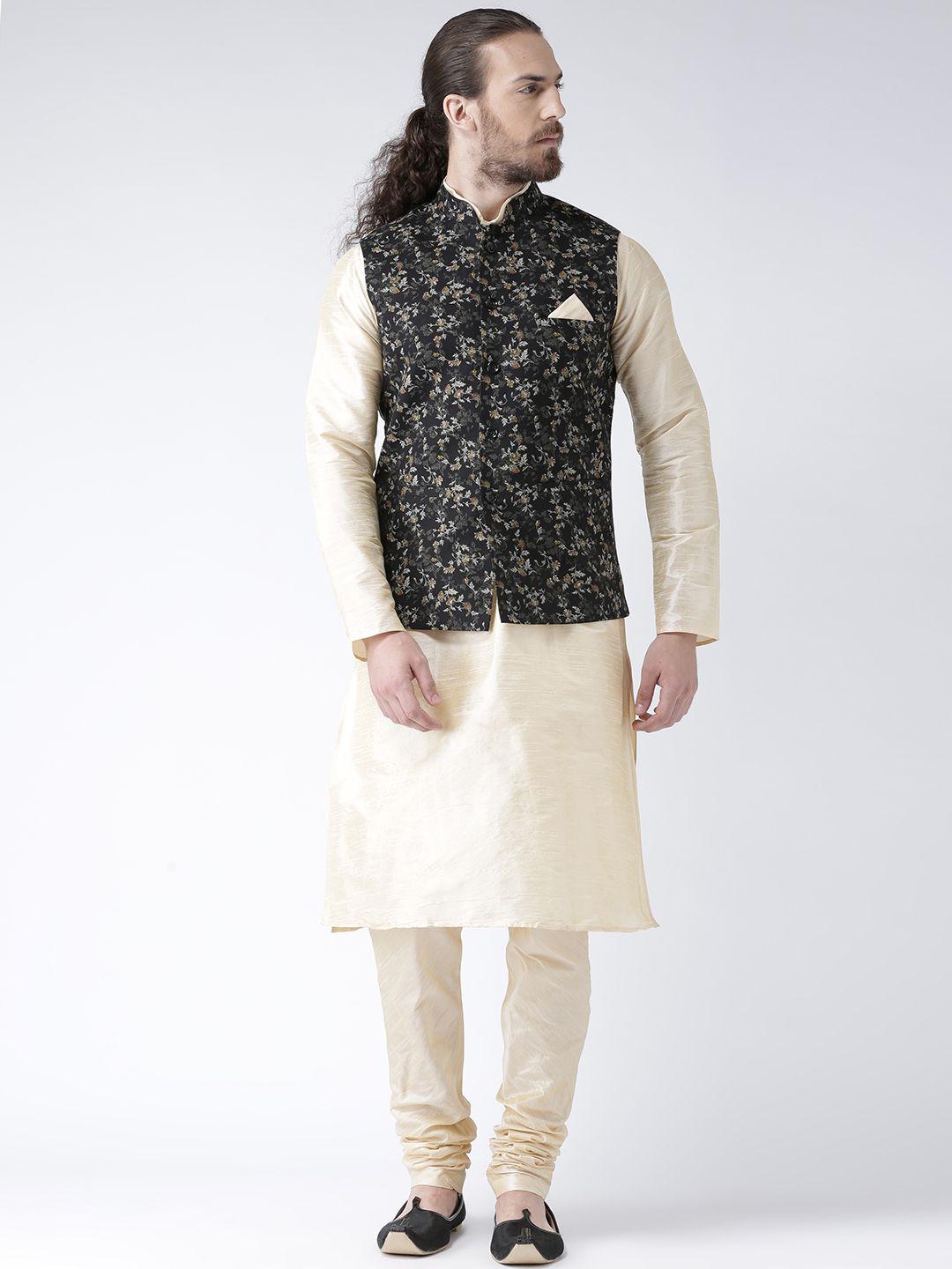 deyann men black & cream solid kurta with pyjamas & printed nehru jacket