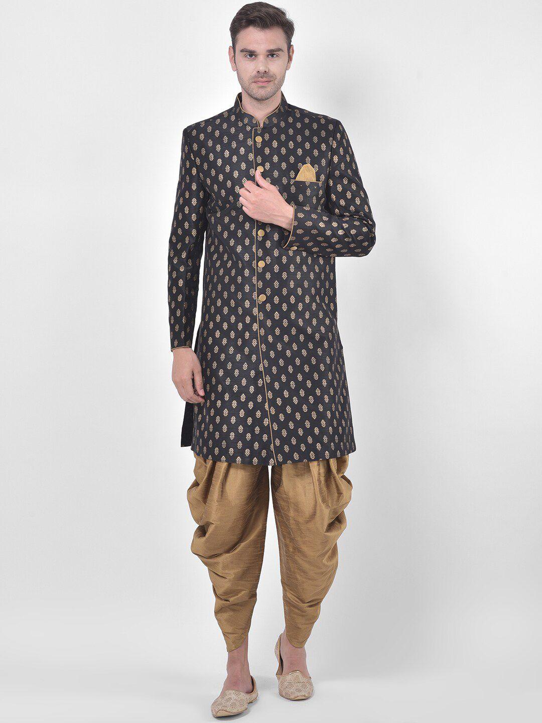 deyann men black & gold-coloured woven design sherwani set