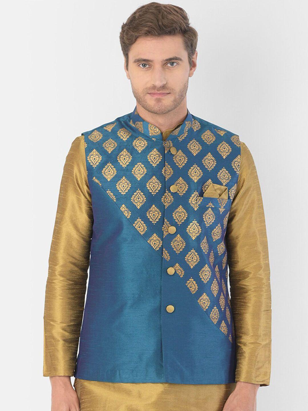 deyann men blue & gold-coloured printed woven nehru jacket
