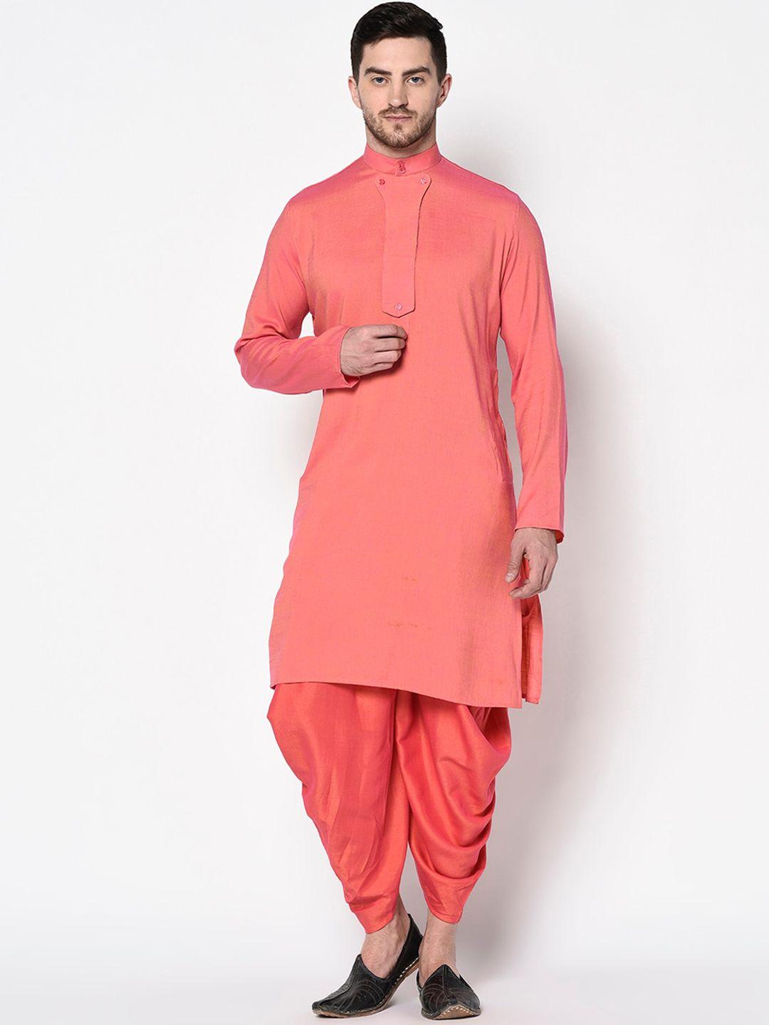 deyann men coral pink solid kurta with dhoti pants