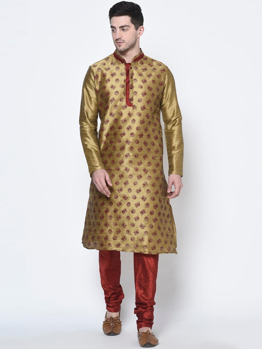 deyann men gold-coloured & red woven design kurta with pyjamas