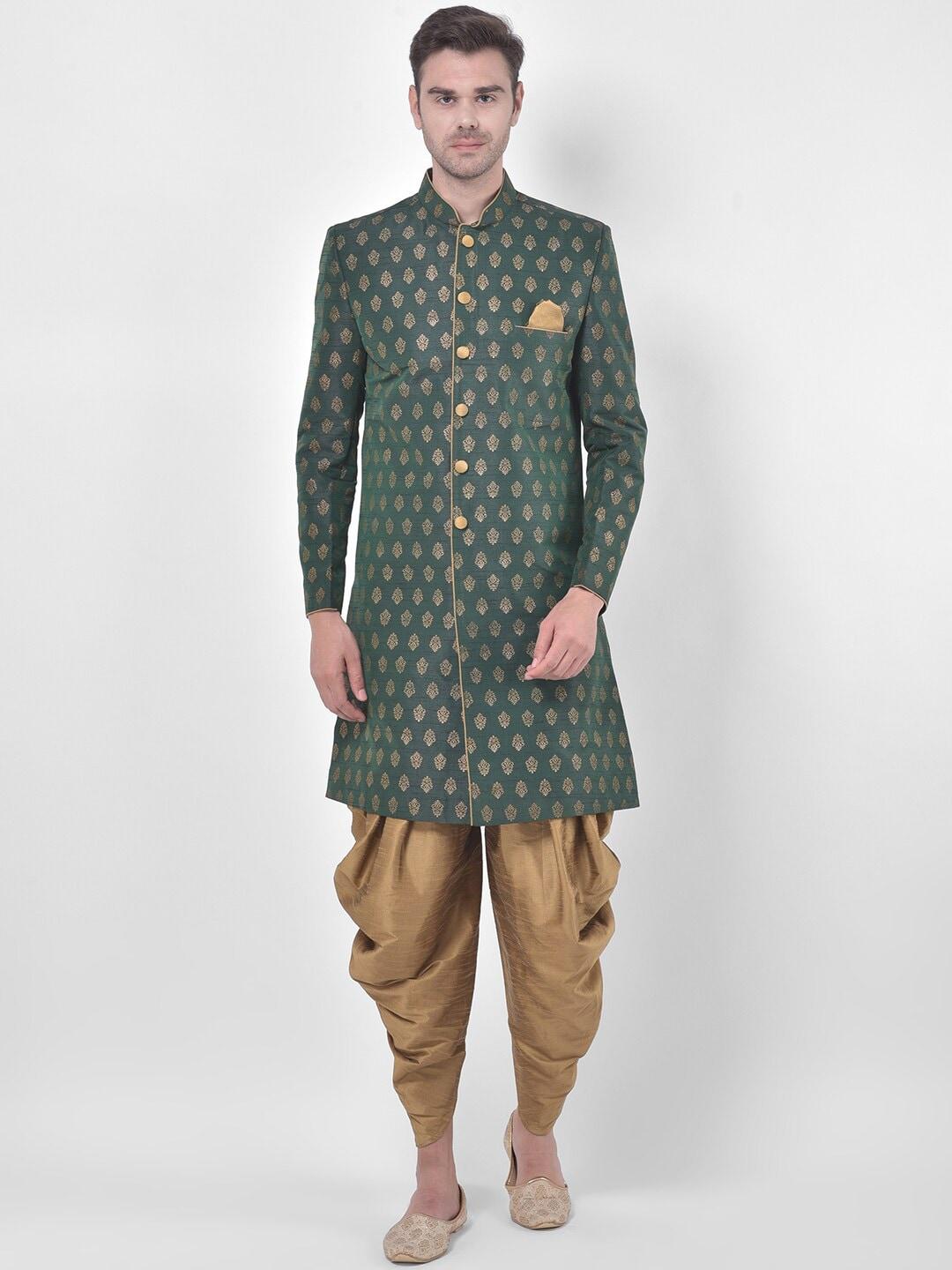 deyann men green & brown woven design sherwani set