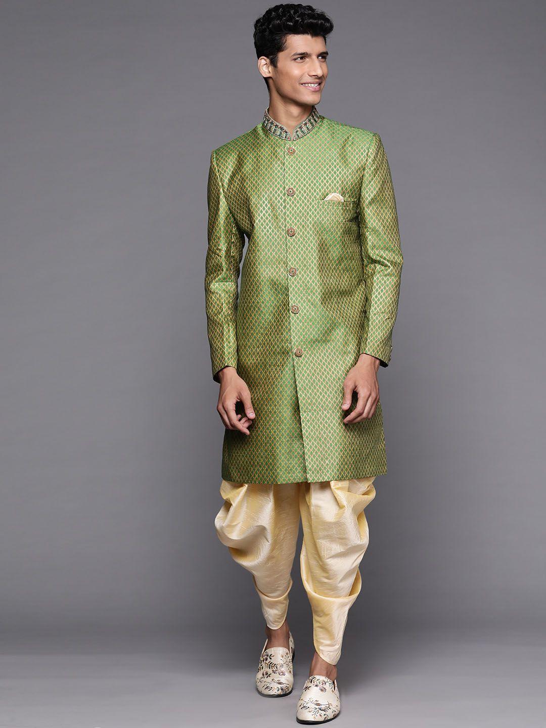 deyann men green & cream-coloured woven design sherwani with patiala salwar