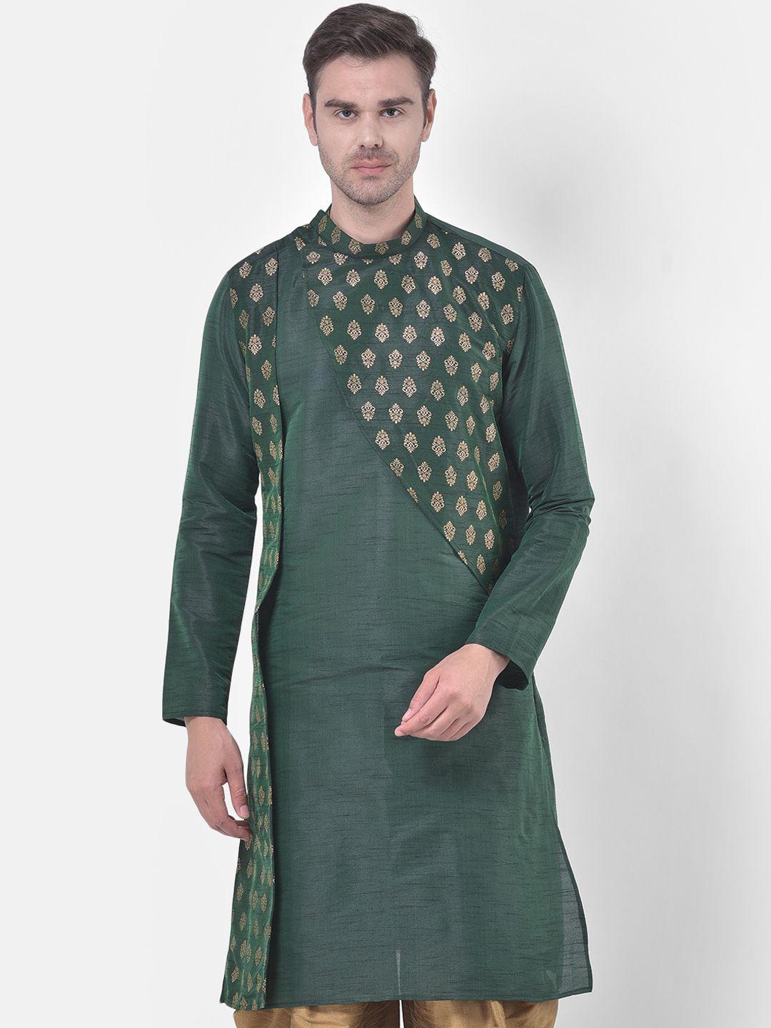 deyann men green & golden regular sleeves foil print kurta