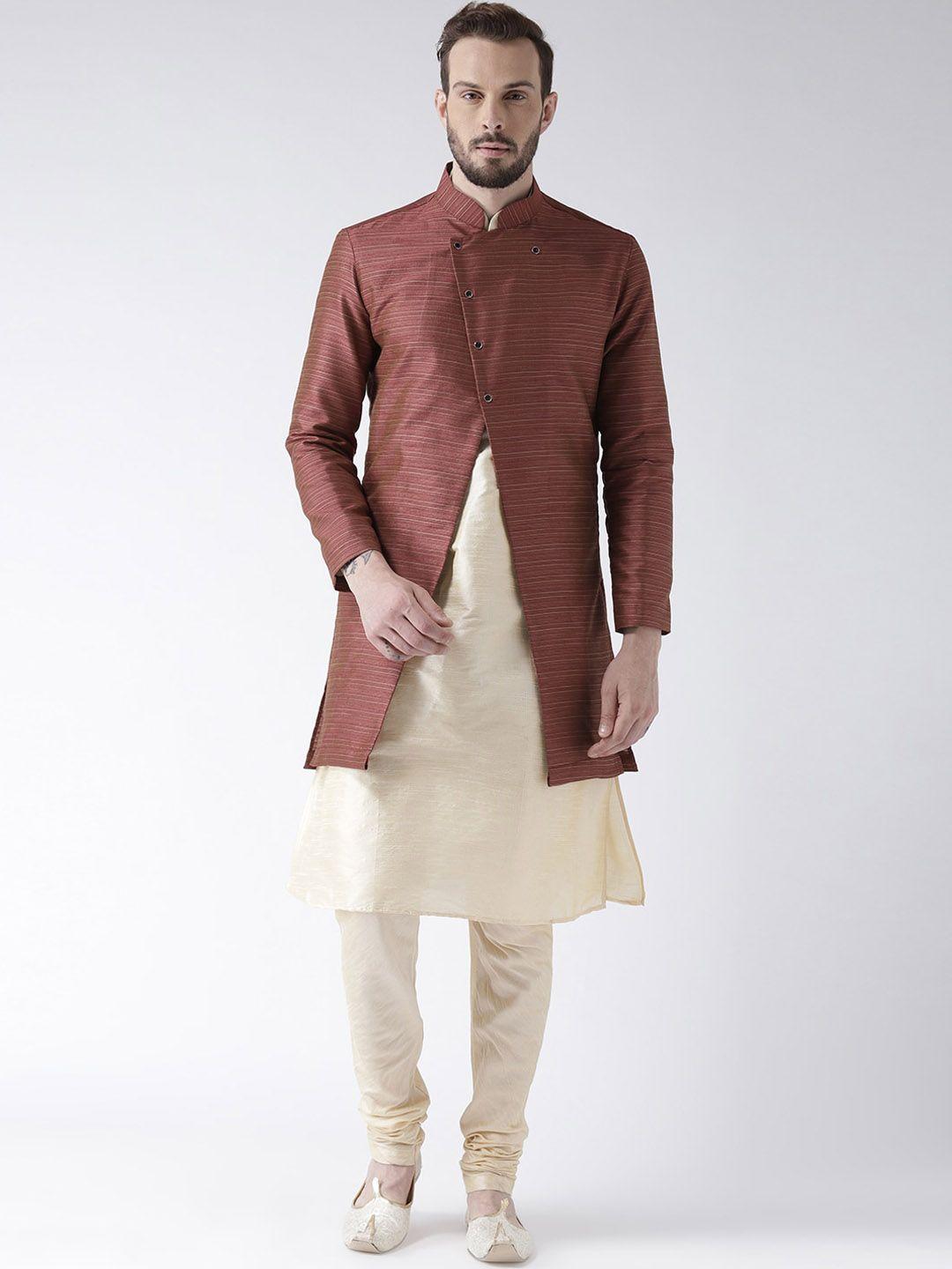 deyann men maroon & beige striped jacquard silk & dupion silk sherwani set