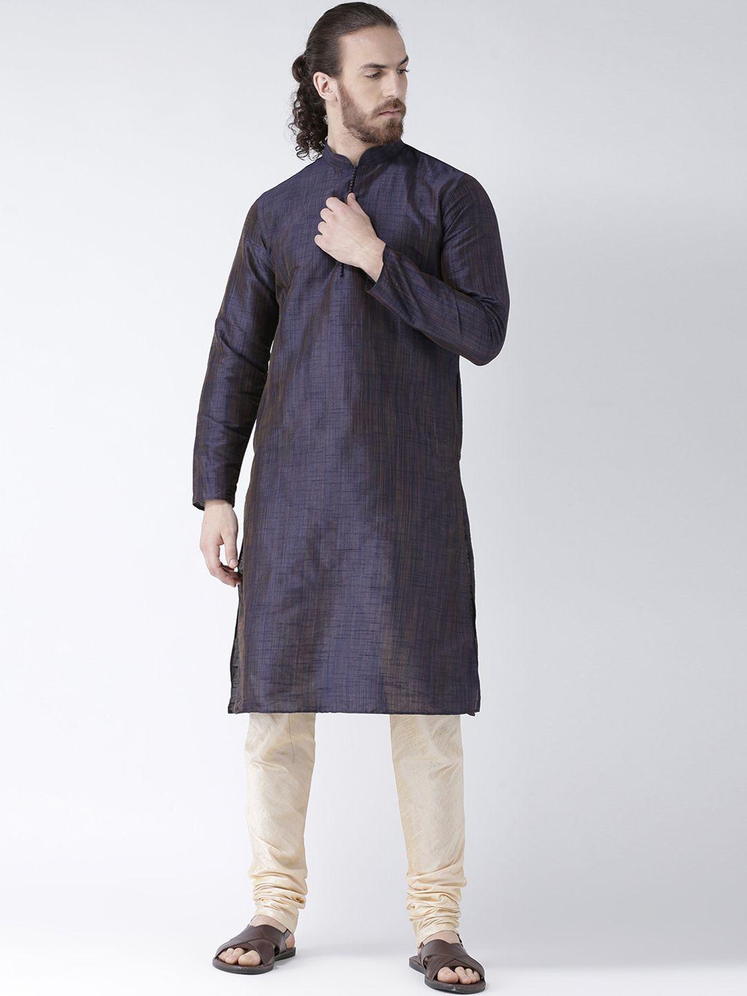 deyann men navy blue & cream-coloured solid kurta with pyjamas