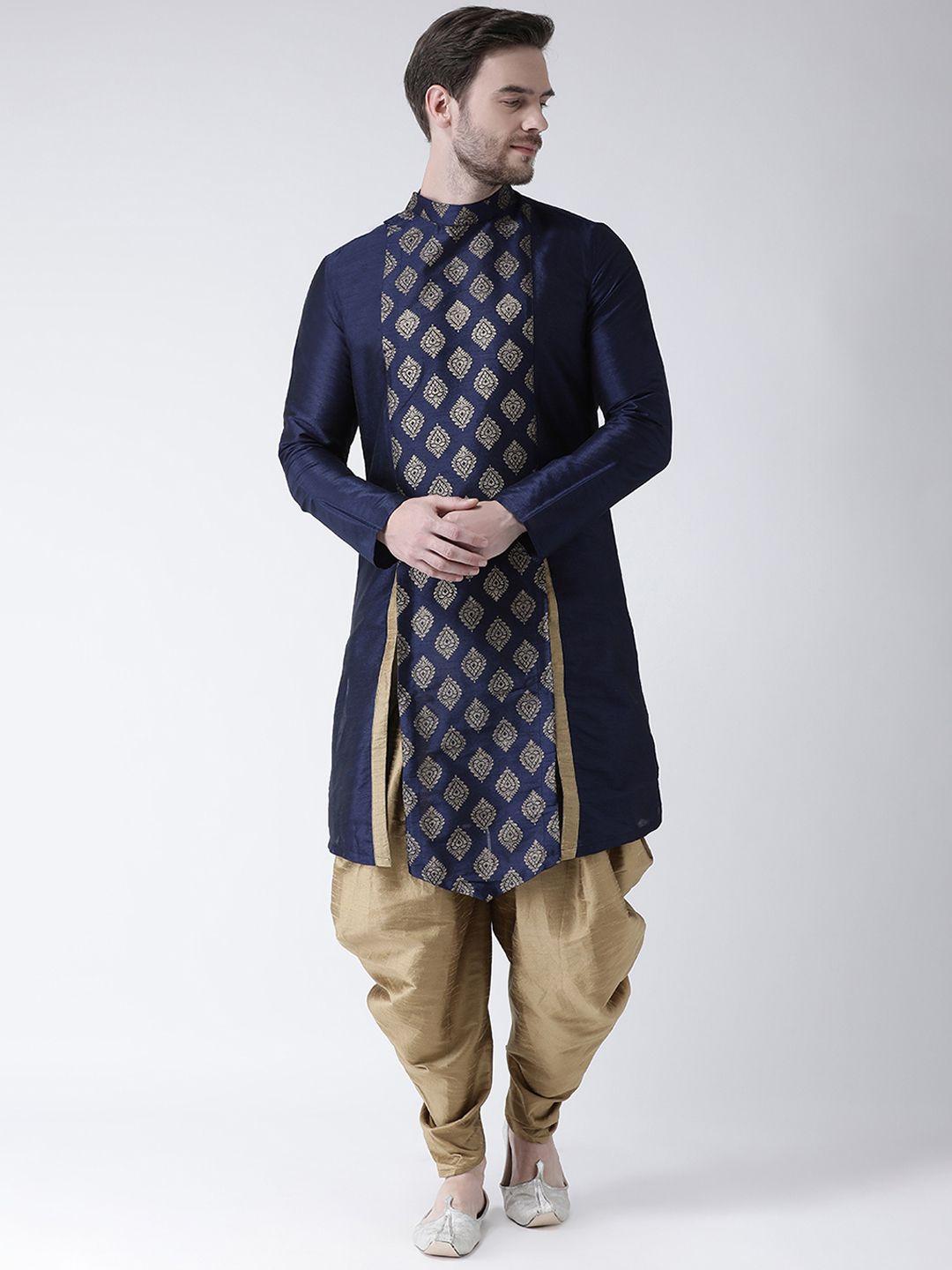 deyann men navy blue & gold-coloured woven design asymmetric straight kurta