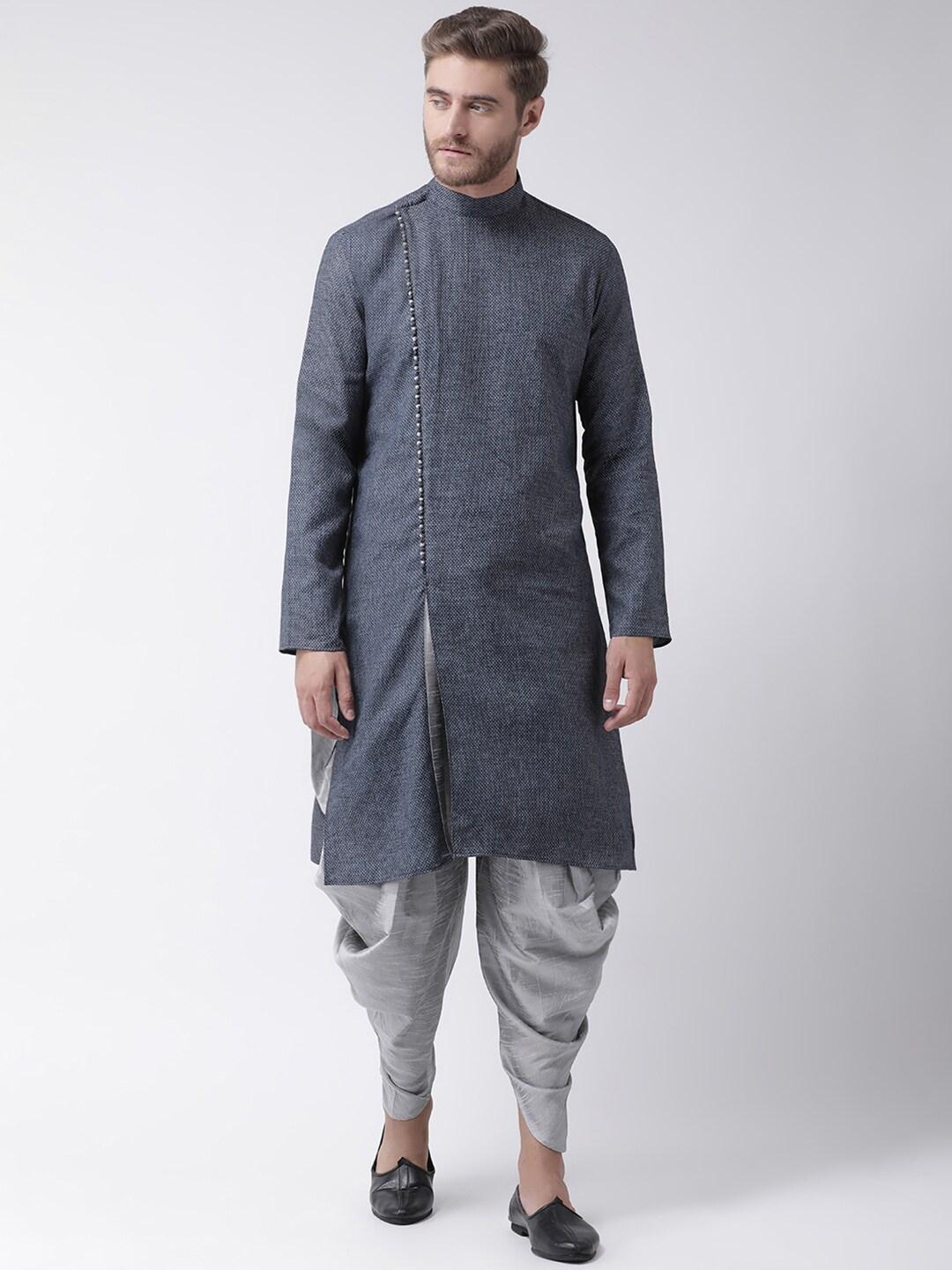 deyann men navy blue & grey self design kurta with dhoti pants