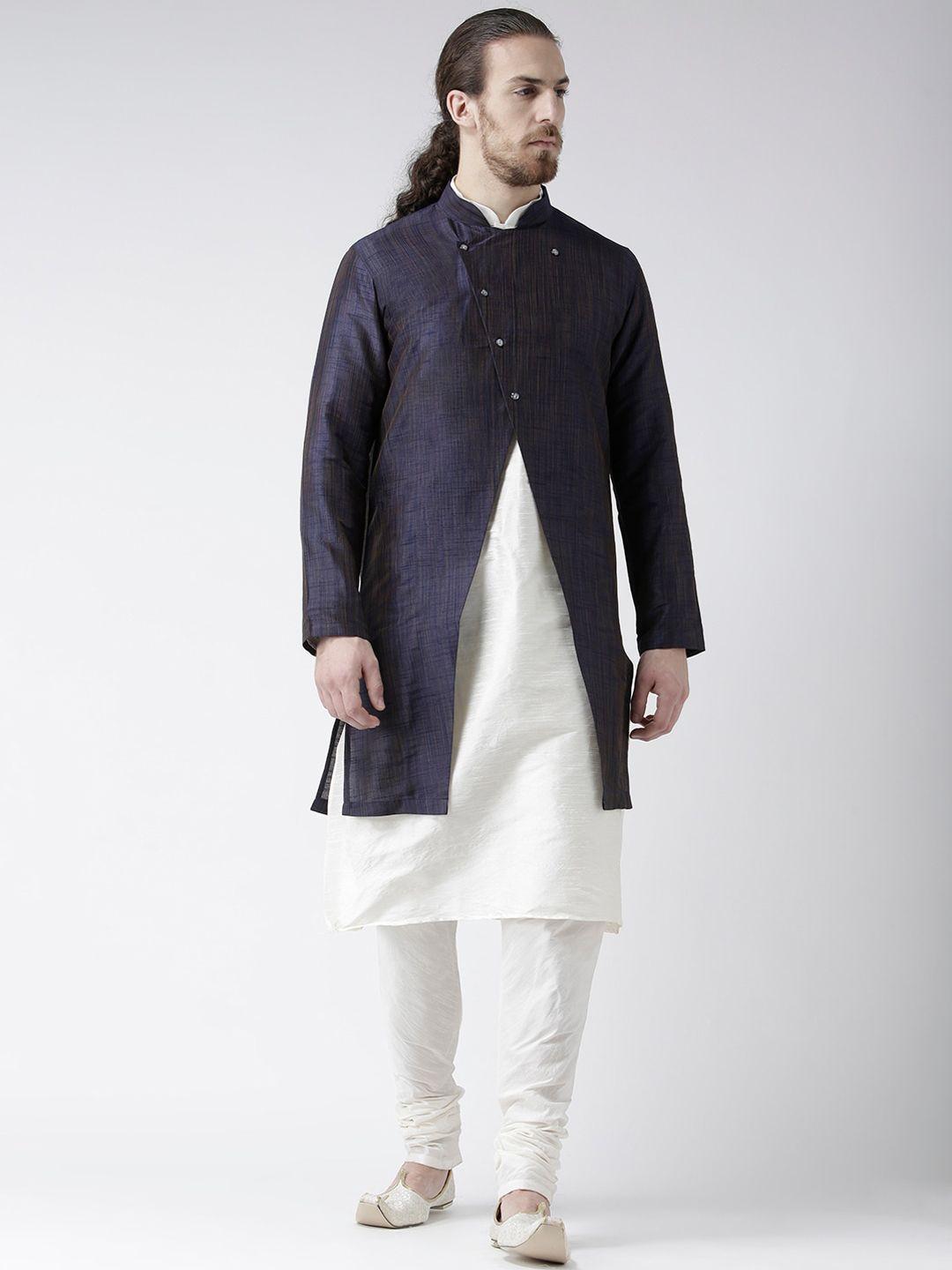 deyann men navy blue & white woven design achkan sherwani with kurta set