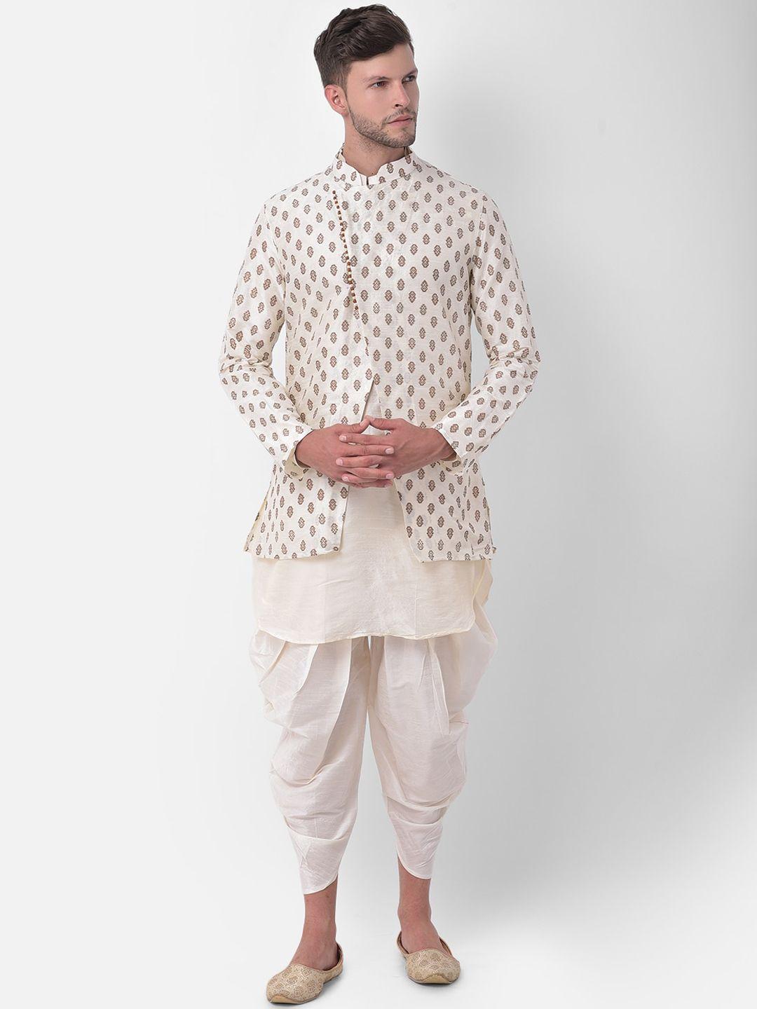 deyann men off white & gold-toned short achkan printed sherwani with pathani
