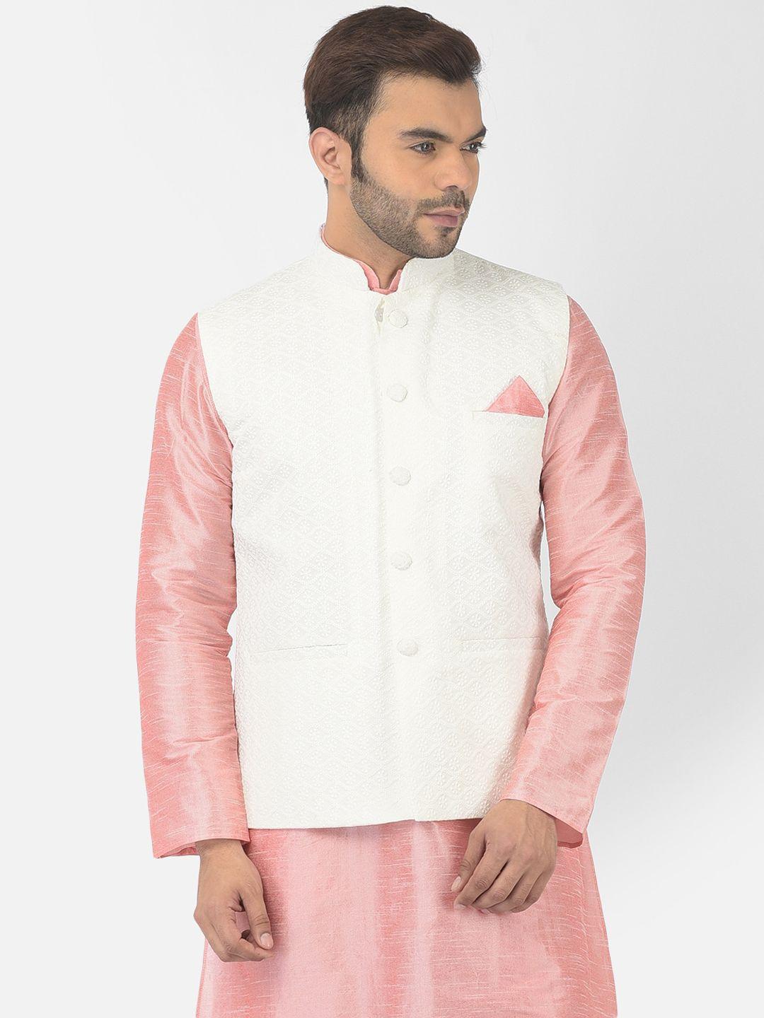 deyann men off white chikankari woven pure cotton nehru jacket