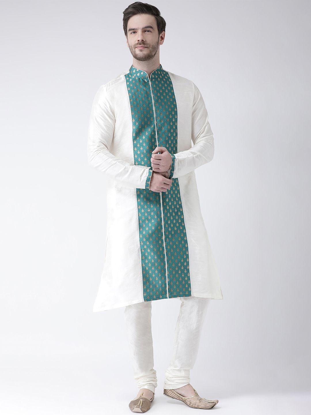deyann men off-white & blue self design kurta with churidar