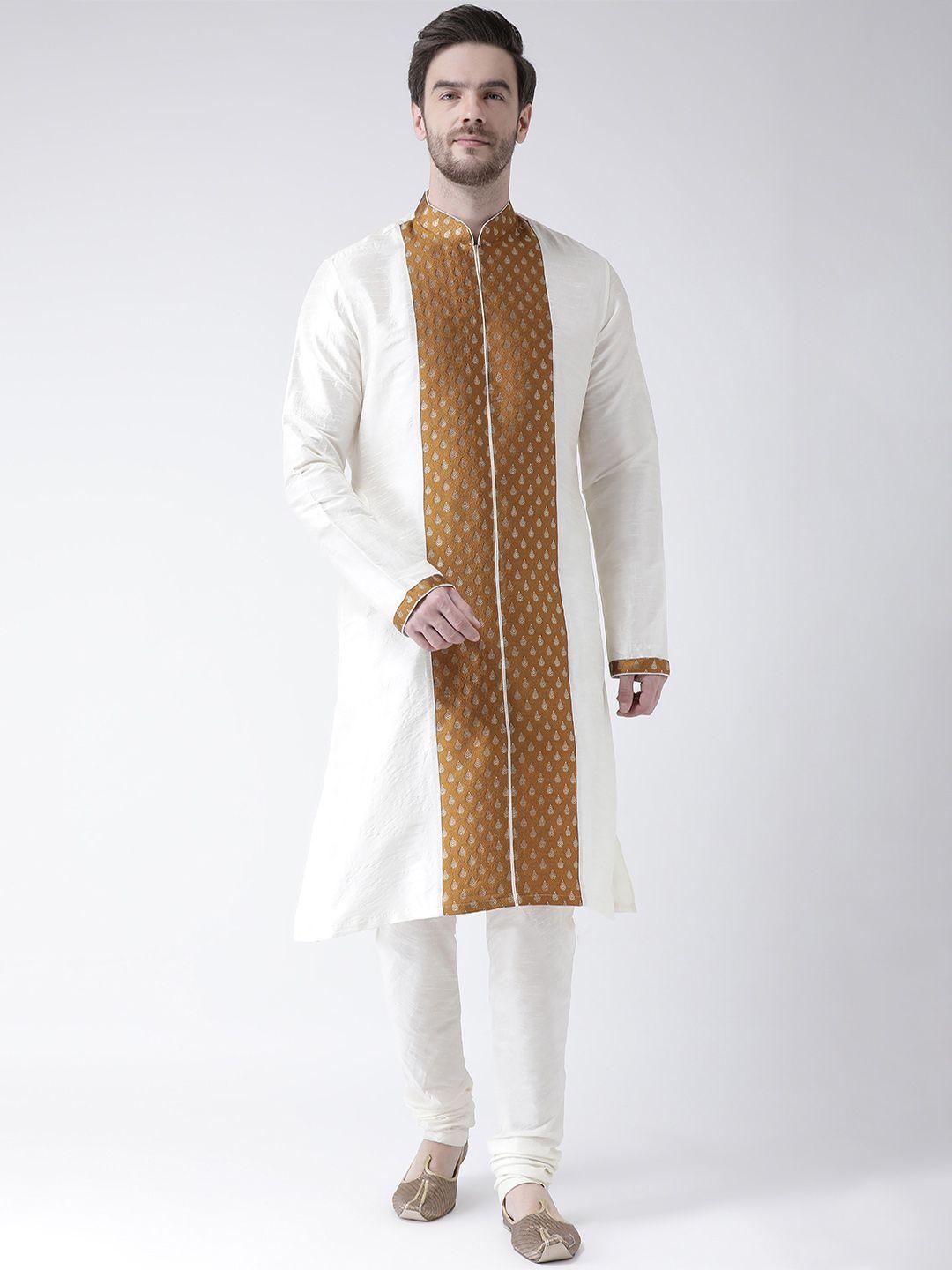 deyann men off-white & copper-coloured self design kurta with churidar