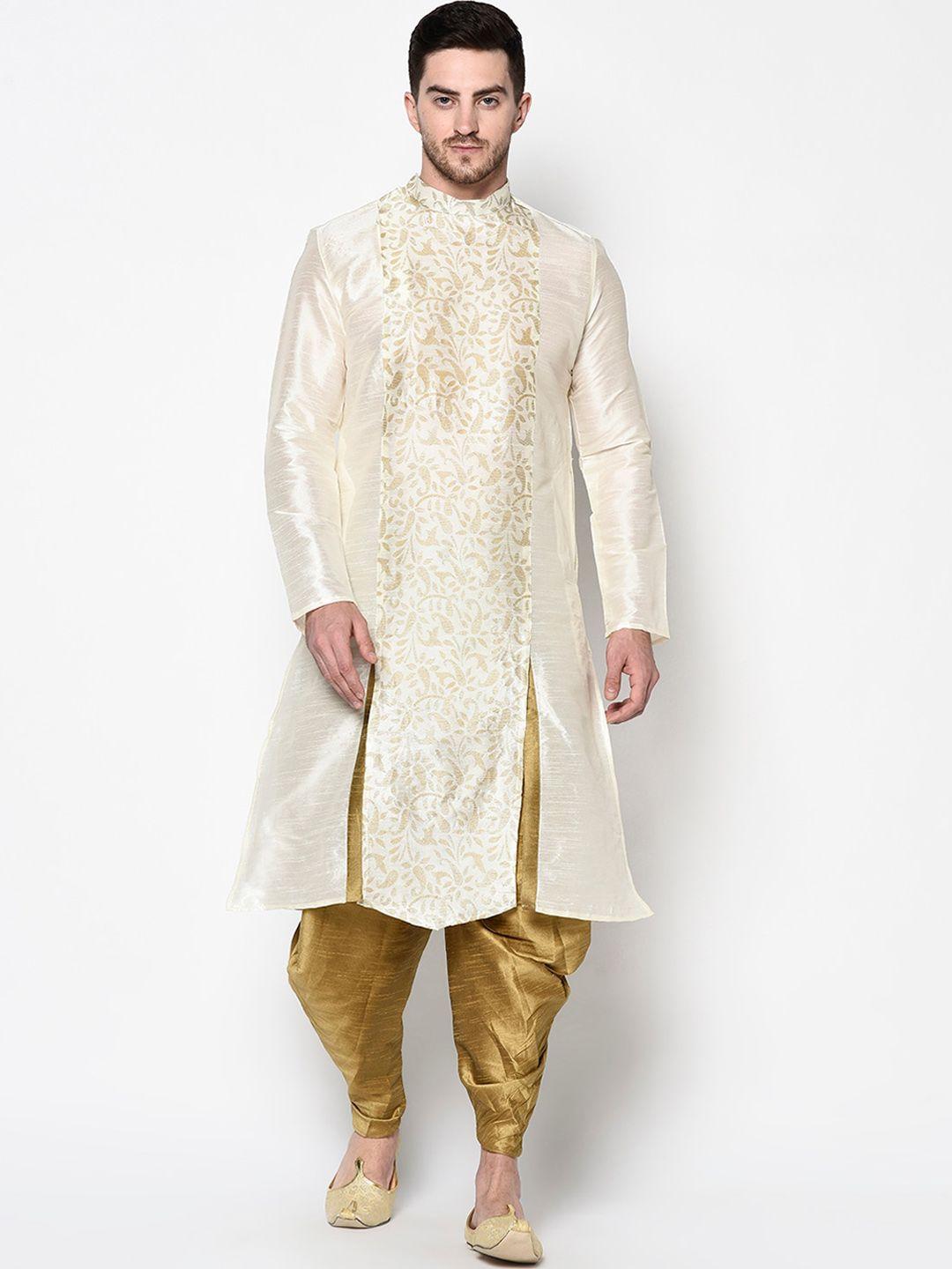deyann men off-white & gold-toned embroidered kurta with dhoti pants