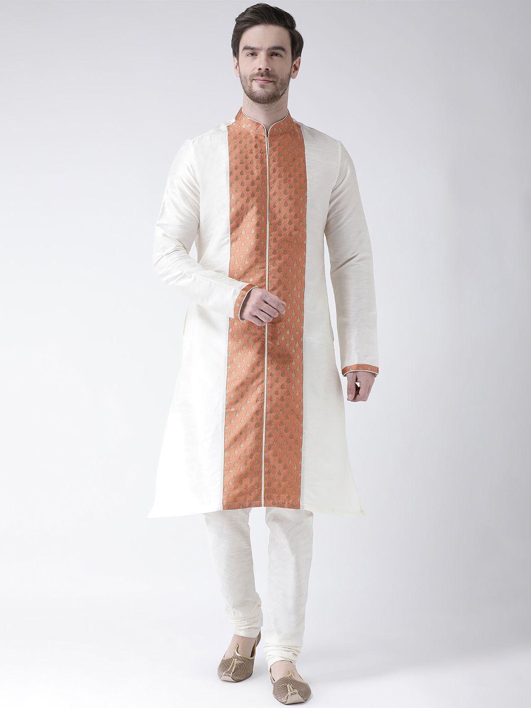 deyann men off-white & mustard brown self design kurta with churidar